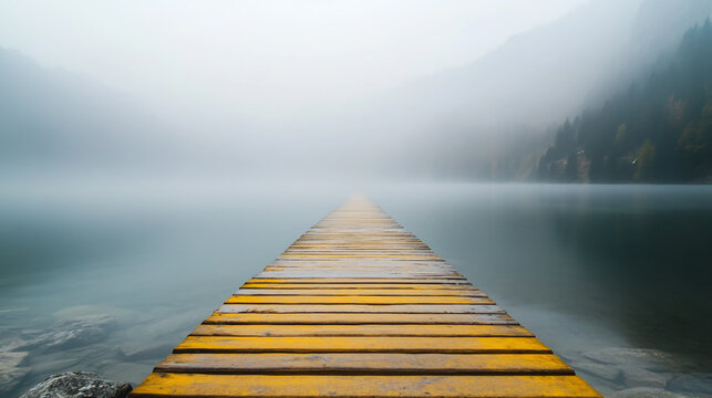 Wooden pier over still lake water on a foggy morning beneath a vast sky