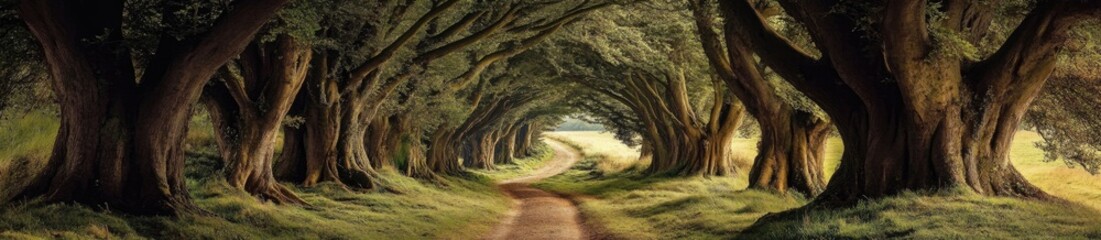 Lush, ancient trees form a tunnel-like pathway through a verdant forest