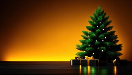 Christmas tree with gifts on a dark wooden floor against an amber background