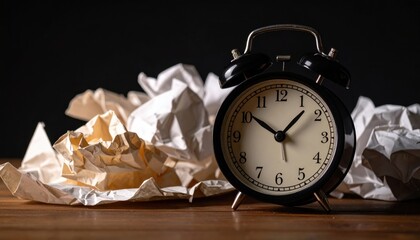 Deadline Metaphor: An antique alarm clock sits amidst crumpled papers, symbolizing deadlines, time pressure, and the passage of time.