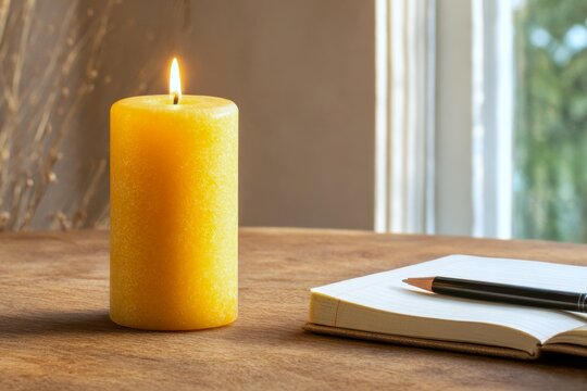 National Simplicity Day Background. Natural Candle with Soft Glow Next to Blank Journal and Pencil on Wooden Table in Cozy Atmosphere
