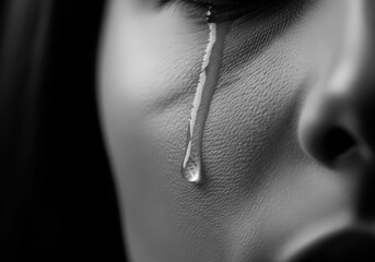Sadness Shown by a Single Tear. A poignant close up in grayscale of a glistening droplet descending a human cheek. This image conveys deep sorrow, empathy, and vulnerability.