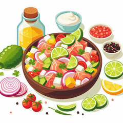 Colorful cartoon food illustration with assorted ingredients in a wooden bowl