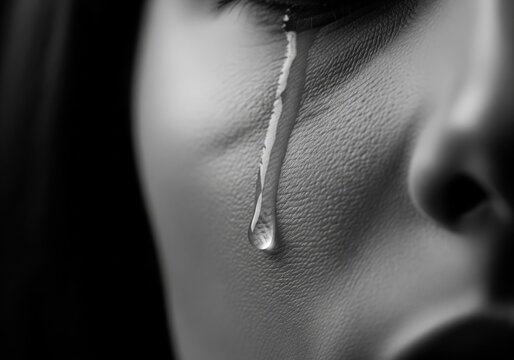 Sadness Shown by a Single Tear. A poignant close up in grayscale of a glistening droplet descending a human cheek. This image conveys deep sorrow, empathy, and vulnerability.
