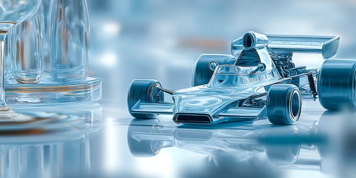 Glass racing car model placed on elegant table setting with wine glasses and plates in a luxurious reflective environment