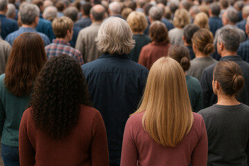 Crowd of diverse individuals facing forward, captured from behind, representing community, equality, and the power of collective presence. 