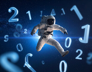 A space explorer drifts through a starry sky filled with oversized glowing digits. A surreal blend of science and imagination.
