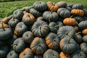 A large pile of fresh pumpkins after harvest on a green rural farm. Ideal seasonal agricultural background. 