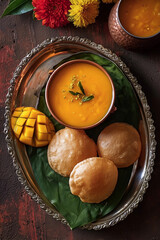 Mango Dessert Aamras with Puris and Fresh Mango Slices on Banana Leaf in Rustic Setting