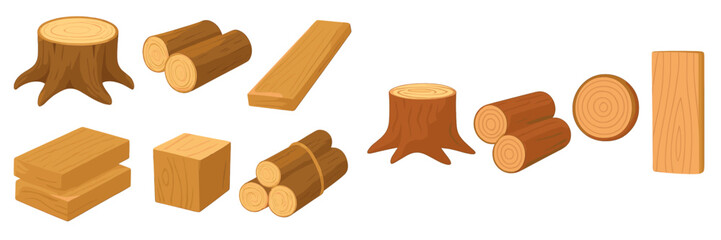 Various types of wooden logs and planks arranged on a white background for woodworking and design projects