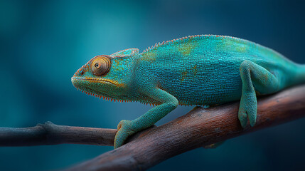 Fototapeta premium A detailed scene capturing close-up portrait of a vibrant chameleon: trioceros in its natural habitat - agamid lizard species.