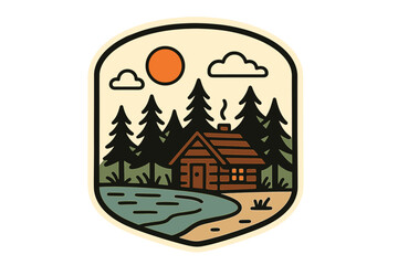 Scenic cabin by the river under a bright sun surrounded by tall trees in a tranquil wilderness setting