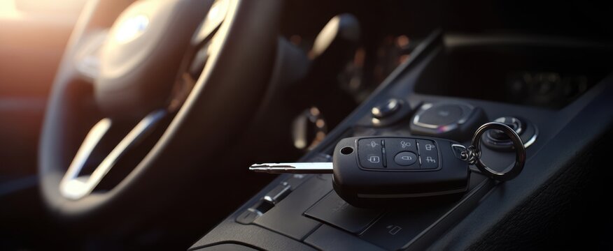 The car key resting on a stylish dashboard reflecting modern automotive design - Powered by Adobe