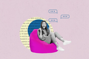Composite zine pop trend collage of happy girl guy stand colorful bubble communication speech...