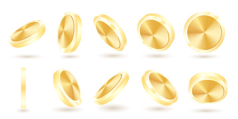 Set of gold coins in various dynamic positions, depicting motion and falling. Winning or jackpot concept. Vector illustration
