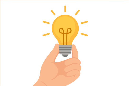 Bright light bulb held by a hand with rays shining around it in a simple and modern design
