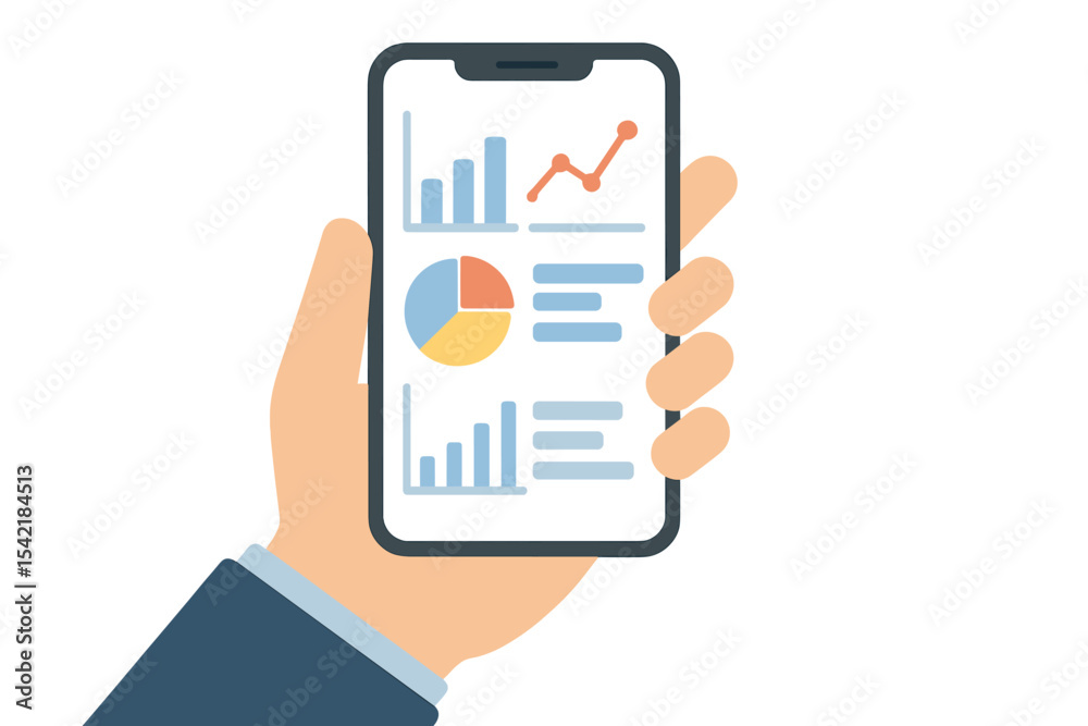 Poster analysis of business data displayed on a smartphone in a professional setting during daytime hours
