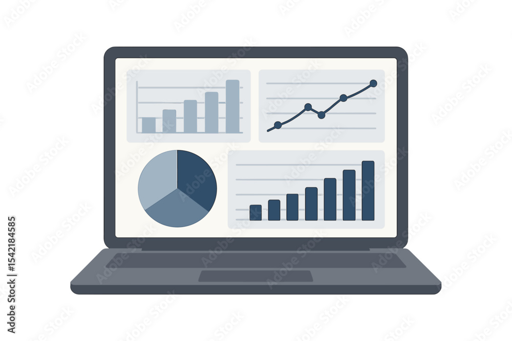 Poster data analytics displayed on a laptop screen showing various charts and graphs for business insights 