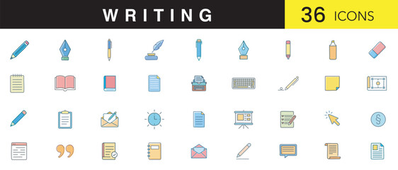 Writing flat Minimal color Icon Set  Minimal Outline Vector Icons of Writing Tools, Note