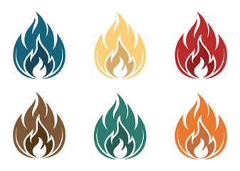 Dual-Tone Flame Icon Set in Red, Orange, Teal, Blue, Beige, and Brown with Transparent Background