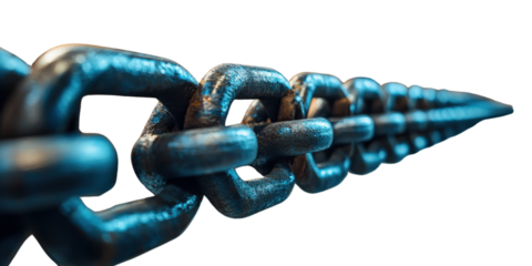 A chain link is shown in a close up, A chain with a rusted metal link isolated on a white transparent background