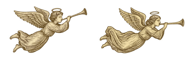 Angels playing trumpets in flight during a celestial event