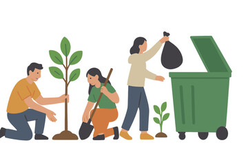 Community members engaging in tree planting and waste management in a neighborhood park during a local environmental initiative