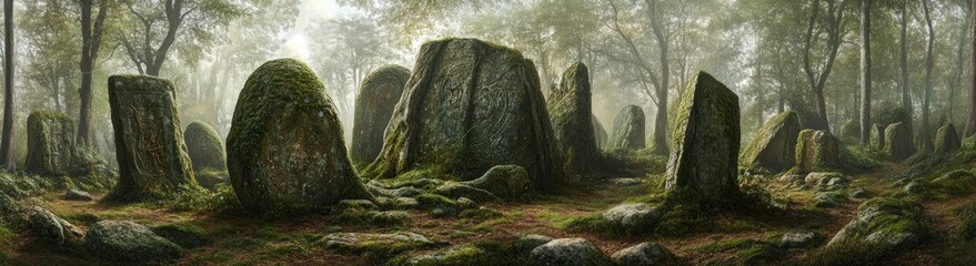 Ancient stones shrouded in a misty forest