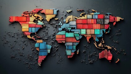 Global shipping network. Colorful shipping containers form a world map, textured dark background