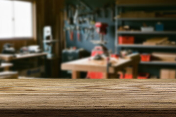Wooden workbench in a cozy workshop filled with tools and equipment during daylight hours