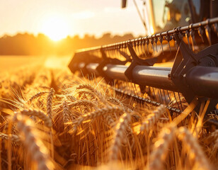 Harvester Blades and Wheat Close-Up. A combine harvester slices through golden wheat in the warm evening glow. Harvest in action at golden hour.