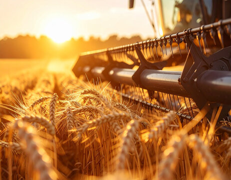 Harvester Blades and Wheat Close-Up. A combine harvester slices through golden wheat in the warm evening glow. Harvest in action at golden hour.