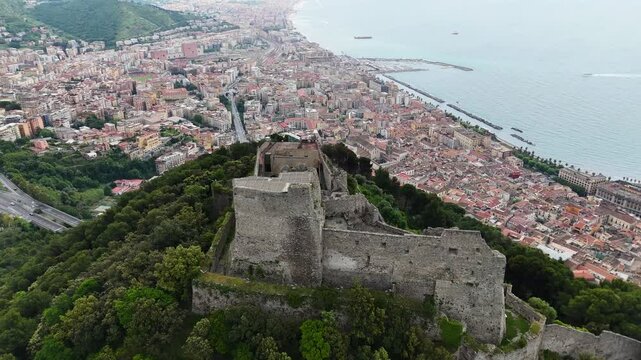 Drone view of Castello di Arechi (Arechi Castle) in Salerno, Italy