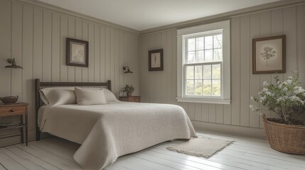 Fototapeta premium Serene Bedroom Interior Design: Neutral Tones and Natural Light