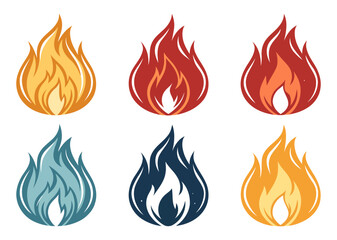 Flat Stylized Fire Symbols in Bold Warm and Cool Tones for Digital and Branding Use