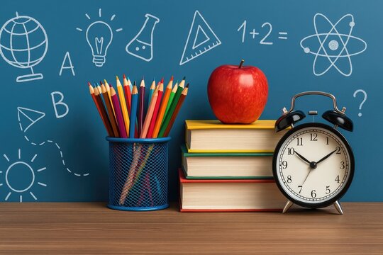 Colorful Stationary and Educational Symbols Arranged on a Wooden Desk With an Apple and Clock Against a Blue Chalkboard Backdrop