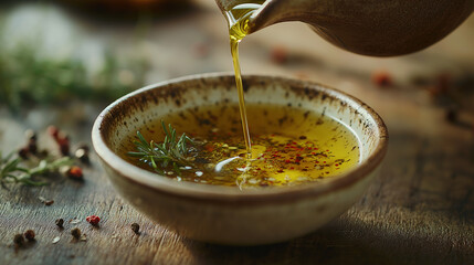 A richly detailed view of warm kitchen scene: assorted premium oils & seasonings - olive oil, extra virgin, various cooking oils, vegetable, cottonseed, spices, and broths in bowls.