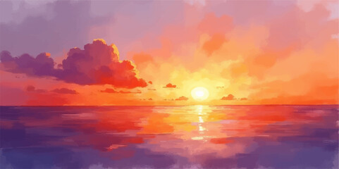 Obraz premium Colourful evening sun dips below the horizon, painting the sky and clouds over the water in brilliant orange, red, and blue hues