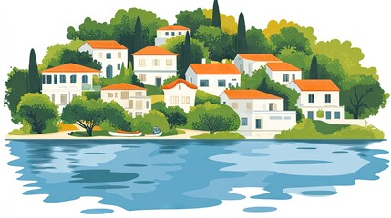 Coastal village nestled amongst lush greenery.