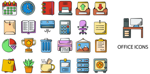 Office simple concept 24 hand drawn color icons set .Vector illustration.	