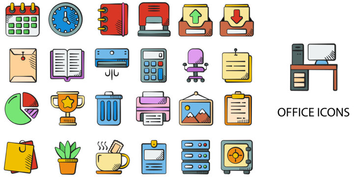 Office simple concept 24 hand drawn color icons set .Vector illustration.	