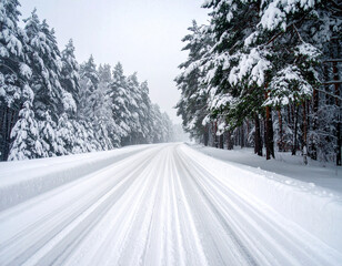 Obraz premium Snowy Forest Road with Dense Trees. Tall snowy trees line both sides of a wintry road. The frosty stillness evokes a sense of calm and quiet wonder.