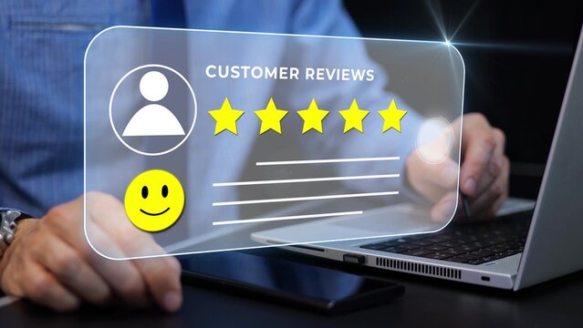 Man giving 5-star customer review feedback with smiley face animation. 3D graphic