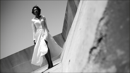 A clean and professional visual presentation stylish woman in mono-tone garment posing near a black keyboard - lady m's fashion shoot.