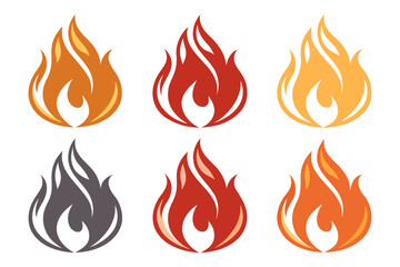 Set of Fire Symbol Illustrations in Flat Design with Orange, Red, and Gray Variations