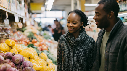 A stylistically composed capture of two happily dressed shoppers picking fresh produce and citrus fruits at a vibrant greengrocer's market: lemons, mandarins, clementines, blood oranges, garlic,.