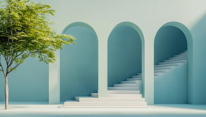 Minimalist arches and stairs in 3D render, with white classical columns on the right side of the composition; clean geometric shapes, architectural design, modern simplicity, bright lighting.