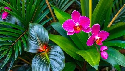 Vibrant Pink Orchids and Lush Tropical Foliage