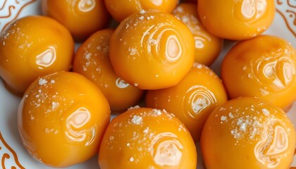 Close-up of Delicious Golden-Orange Spheres, Possibly Candied Fruit or Sweet Treats