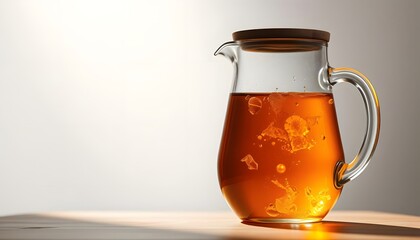 Glass Pitcher of Amber Liquid on Wooden Table